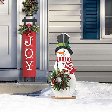 Glitzhome 36"h Christmas Wooden/metal Snowman Porch Decor With Floral Wreath