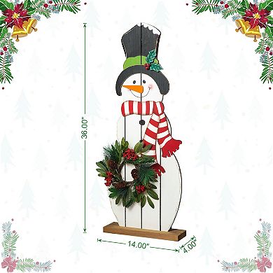 Glitzhome 36"h Christmas Wooden/metal Snowman Porch Decor With Floral Wreath
