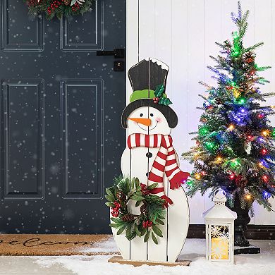 Glitzhome 36"h Christmas Wooden/metal Snowman Porch Decor With Floral Wreath