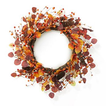 Glitzhome 22" D Fall Artificial Eucalyptus Berry Wreath For Fall Front Door Wall Decor