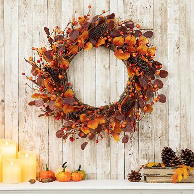 Glitzhome 22" D Fall Artificial Eucalyptus Berry Wreath For Fall Front Door Wall Decor