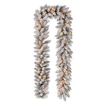 Glitzhome 9ft Pre-Lit Snow Flocked Christmas Garland, with Warm White LED Lights, Three Function