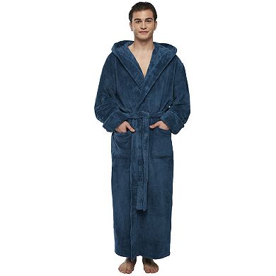 Mens Hooded Ankle Length Long Fleece Bathrobe