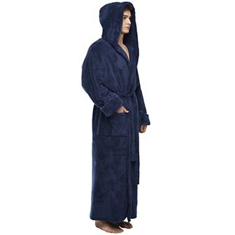 Mens Hooded Ankle Length Long Fleece Bathrobe
