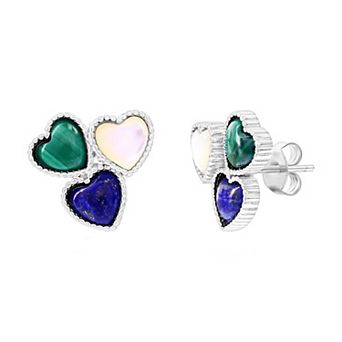 Nautica Rocks Sterling Silver Mother of Pearl, Lapis and Malachite Hearts Stud Earrings