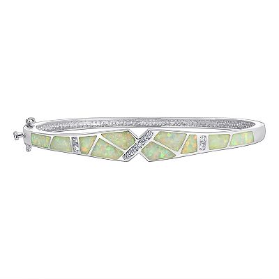 Sterling Silver White Opal Inlay Cubic Zirconia Bangle Bracelet