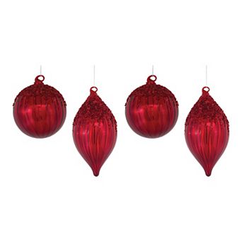 Melrose 4 pc Red Sequined Glass Christmas Ornament Set