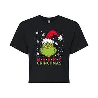 Juniors' Dr. Seuss Merry Grinchmas Cropped Tee
