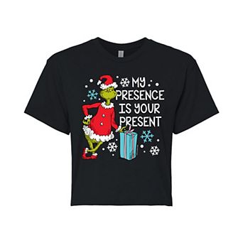 Juniors' Dr. Seuss Grinch My Presence Cropped Tee