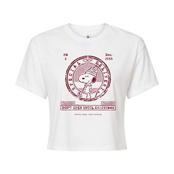 Juniors' Peanuts Snoppy Don't Open Until Christmas Cropped Tee