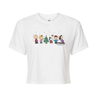 Juniors' Peanuts Christmas Group Cropped Tee