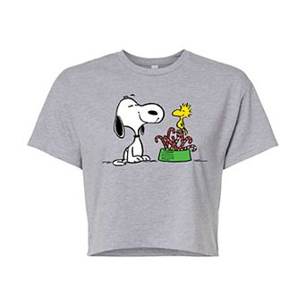 Juniors' Peanuts Snoopy & Woodstock Candy Canes Cropped Tee