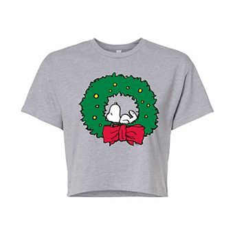 Juniors' Peanuts Snoopy Wreath Cropped Tee