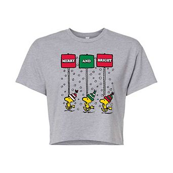 Juniors' Peanuts Woodstock Merry & Bright Cropped Tee