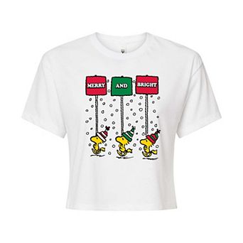 Juniors' Peanuts Woodstock Merry & Bright Cropped Tee