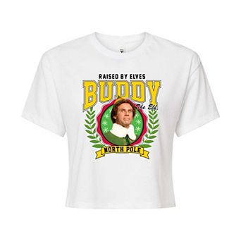 Juniors' Elf Raised By Elves Cropped Tee