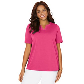 Catherines Women's Plus Size Petite Suprema Embroidered Notch-neck Tee