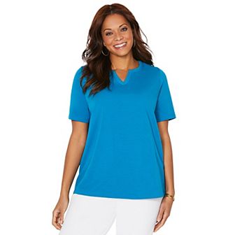 Catherines Women's Plus Size Petite Suprema Embroidered Notch-neck Tee
