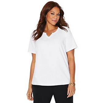 Catherines Women's Plus Size Petite Suprema Embroidered Notch-neck Tee