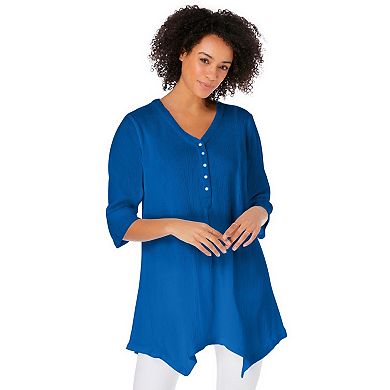 Woman Within Plus Size Handkerchief Hem Henley Tunic