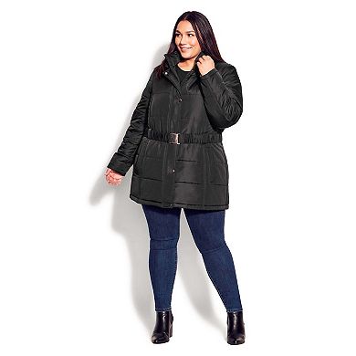 Avenue Women's Plus Size Belted Hood Puffer Coat