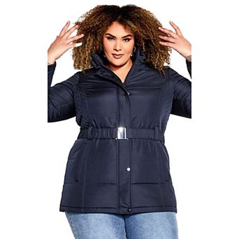 Avenue Women's Plus Size Belted Hood Puffer Coat