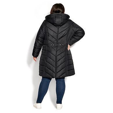Avenue Women's Plus Size Chevron Faux Fur Hood Long Puffer Coat