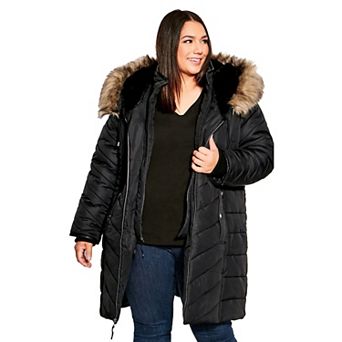 Avenue Women's Plus Size Chevron Faux Fur Hood Long Puffer Coat