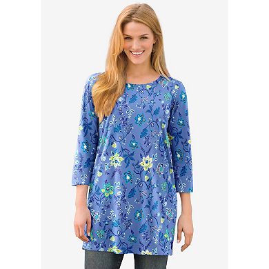 Woman Within Plus Size Perfect Printed Three-Quarter-Sleeve Scoopneck Tunic
