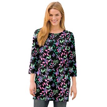 Woman Within Plus Size Perfect Printed Three-Quarter-Sleeve Scoopneck Tunic