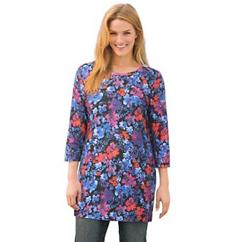 Woman Within Plus Size Perfect Printed Three-Quarter-Sleeve Scoopneck Tunic