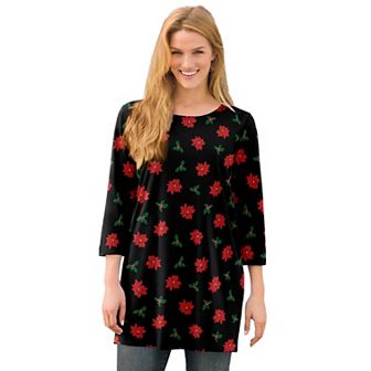 Woman Within Plus Size Perfect Printed Three-Quarter-Sleeve Scoopneck Tunic