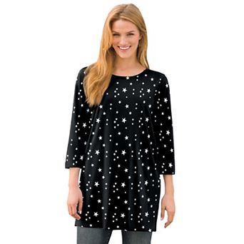 Woman Within Plus Size Perfect Printed Three-Quarter-Sleeve Scoopneck Tunic