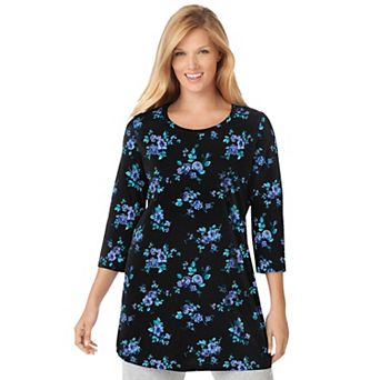 Woman Within Plus Size Perfect Printed Three-Quarter-Sleeve Scoopneck Tunic