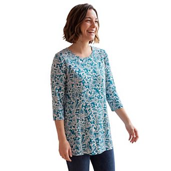 Woman Within Plus Size Perfect Printed Three-Quarter-Sleeve Scoopneck Tunic