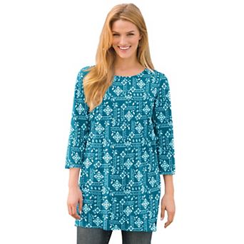 Woman Within Plus Size Perfect Printed Three-Quarter-Sleeve Scoopneck Tunic