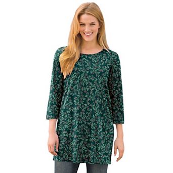 Woman Within Plus Size Perfect Printed Three-Quarter-Sleeve Scoopneck Tunic