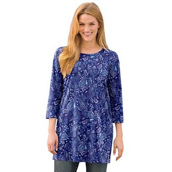 Woman Within Plus Size Perfect Printed Three-Quarter-Sleeve Scoopneck Tunic