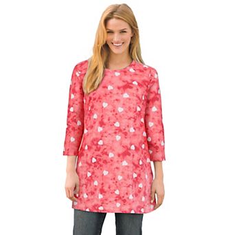 Woman Within Plus Size Perfect Printed Three-Quarter-Sleeve Scoopneck Tunic