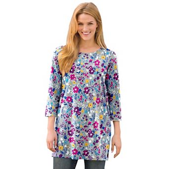 Woman Within Plus Size Perfect Printed Three-Quarter-Sleeve Scoopneck Tunic