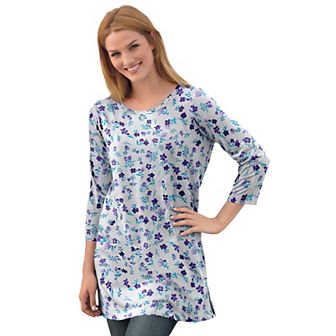 Woman Within Plus Size Perfect Printed Three-Quarter-Sleeve Scoopneck Tunic