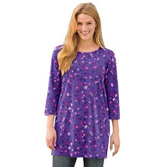 Woman Within Plus Size Perfect Printed Three-Quarter-Sleeve Scoopneck Tunic