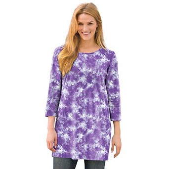 Woman Within Plus Size Perfect Printed Three-Quarter-Sleeve Scoopneck Tunic