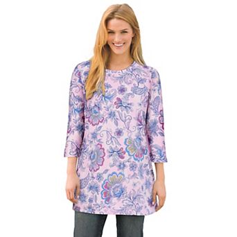 Woman Within Plus Size Perfect Printed Three-Quarter-Sleeve Scoopneck Tunic