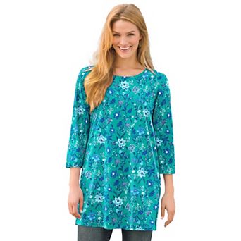 Woman Within Plus Size Perfect Printed Three-Quarter-Sleeve Scoopneck Tunic
