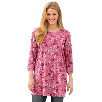 Woman Within Plus Size Perfect Printed Three-Quarter-Sleeve Scoopneck Tunic