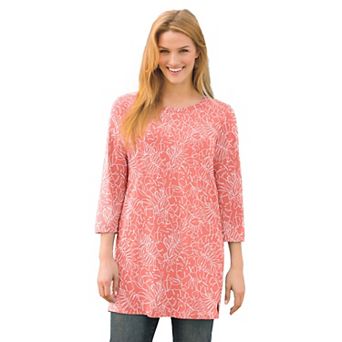 Woman Within Plus Size Perfect Printed Three-Quarter-Sleeve Scoopneck Tunic