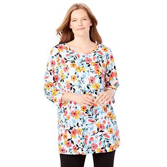 Woman Within Plus Size Perfect Printed Three-Quarter-Sleeve Scoopneck Tunic
