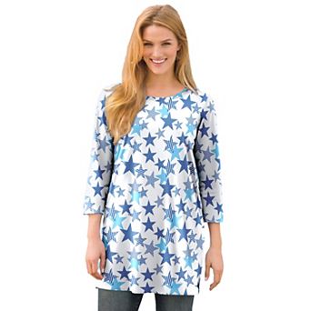 Woman Within Plus Size Perfect Printed Three-Quarter-Sleeve Scoopneck Tunic