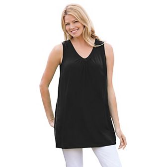 Woman Within Women's Plus Size Perfect Sleeveless Shirred V-Neck Tunic